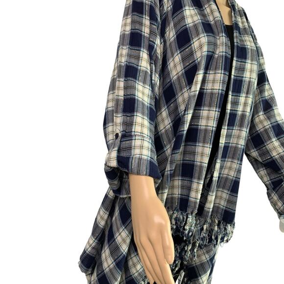 Krazy Kat Women’s 2X Blouse Blue White Plaid Open Front Fringed Trim 3/4 sleeves - Picture 2 of 15